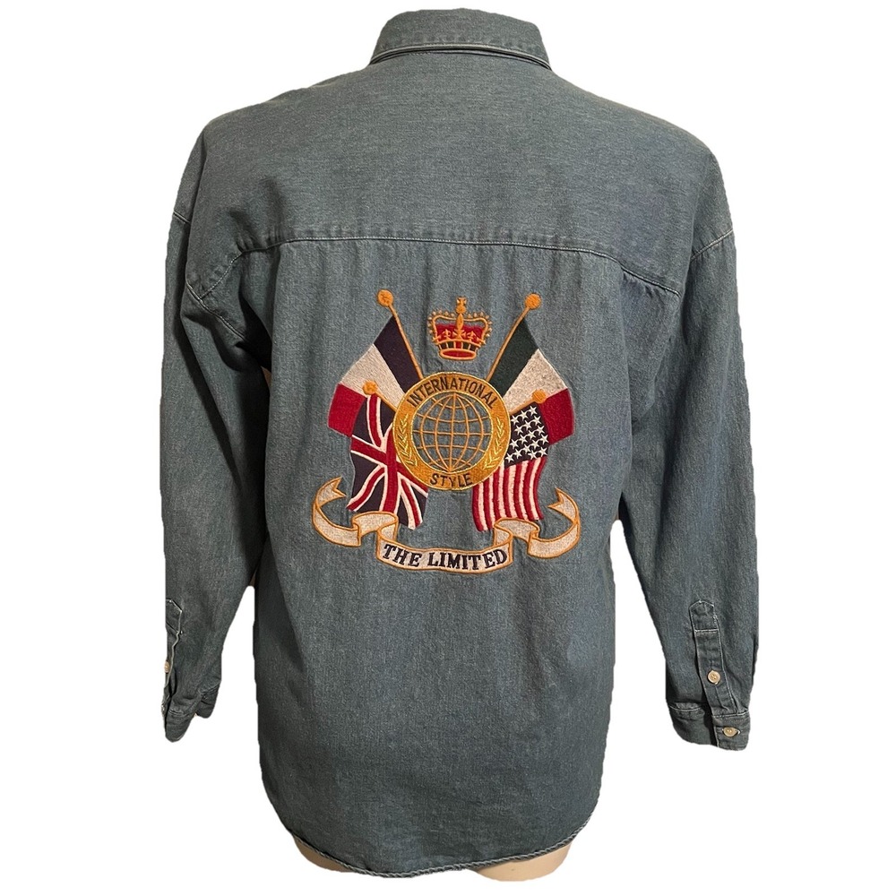 VTG 90s Y2K Limited Embroidered‎ Denim Shirt L International Style Crest Logo